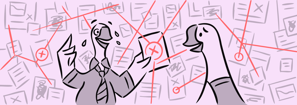 A goose with a shirt and tie points to paper on the wall while talking to another goose.