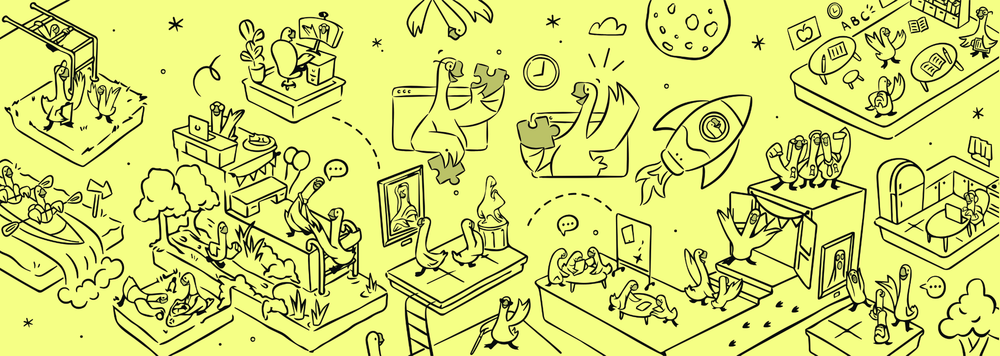 A collage of geese doing different things, like solving puzzles, taking photos, and wandering a museum.