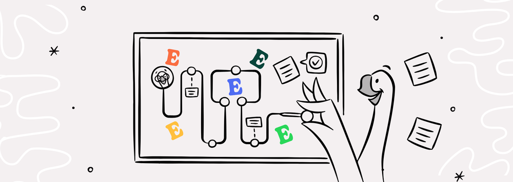 A goose in front of a bulletin board with 5 letter E's on it