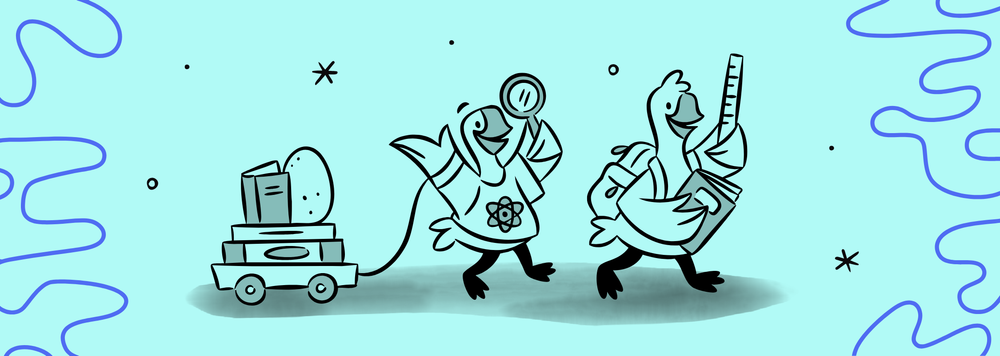 Two goslings wearing backpacks and holding textbooks, pulling a wagon of books and eggs