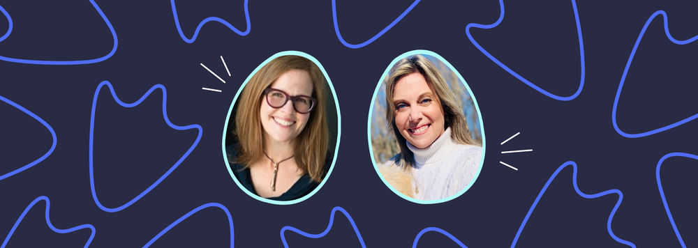Two smiling women in egg-shaped frames on a dark background with blue goose footprints. 