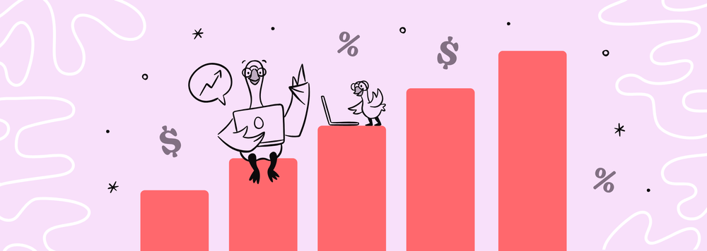 Two geese on laptops sitting on different levels of a bar graph