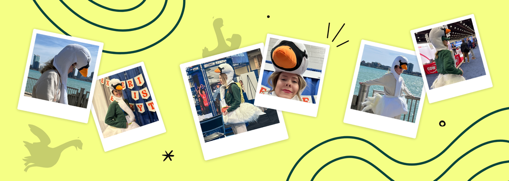 6 polaroid photos of a woman wearing a feathery white goose costume