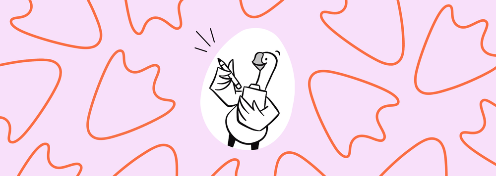 A smiling goose holding a clipboard