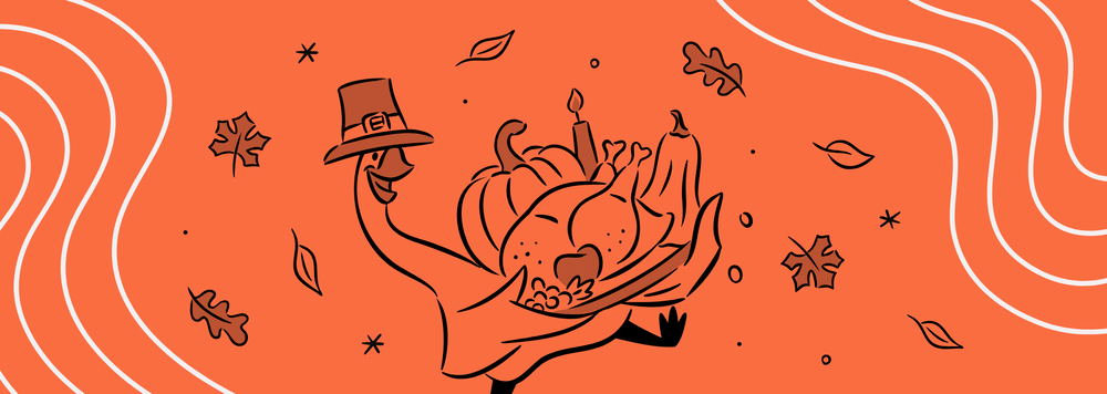 Goose in a pilgrim hat carrying a cornucopia with autumn leaves on an orange background