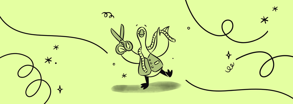 A goose dressed like a tailor holding measuring tape and scissors, ready to customize an Experience for you!