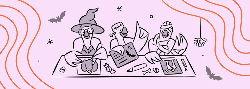 Cartoon of three birds in Halloween costumes crafting decorations at a table
