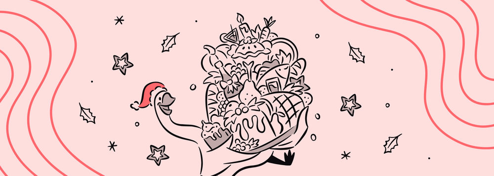 a goose holding many christmas treats