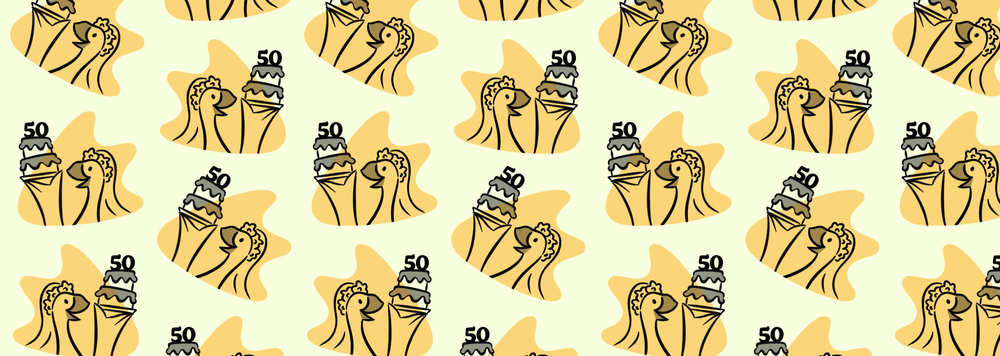 illustration of goose bride holding a 50th wedding anniversary cake