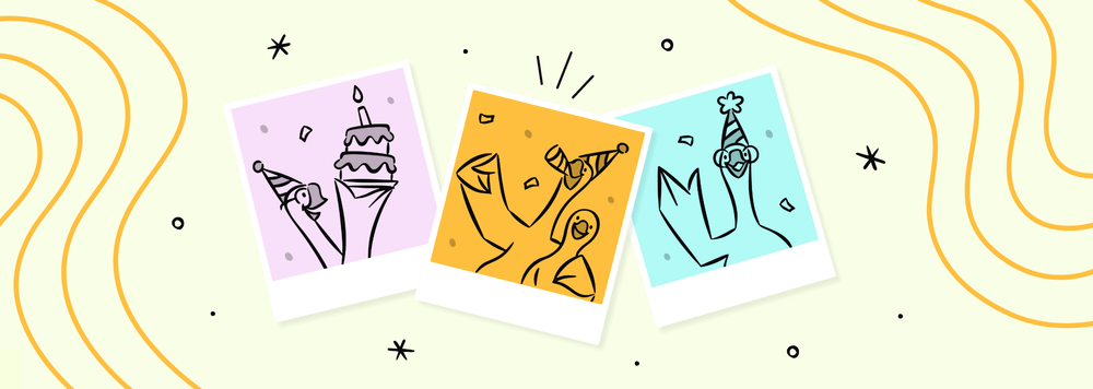 illustration of polaroids of geese celebrating birthdays