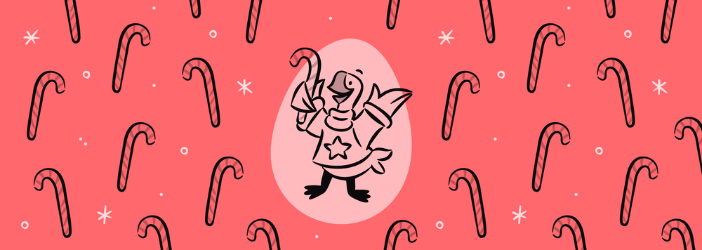 illustrated gosling holding a candy cane