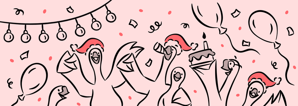 a group of illustrated geese at a christmas party