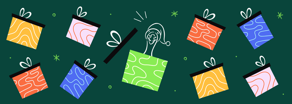 several colorful gift boxes, with a goose popping out of the one in the middle