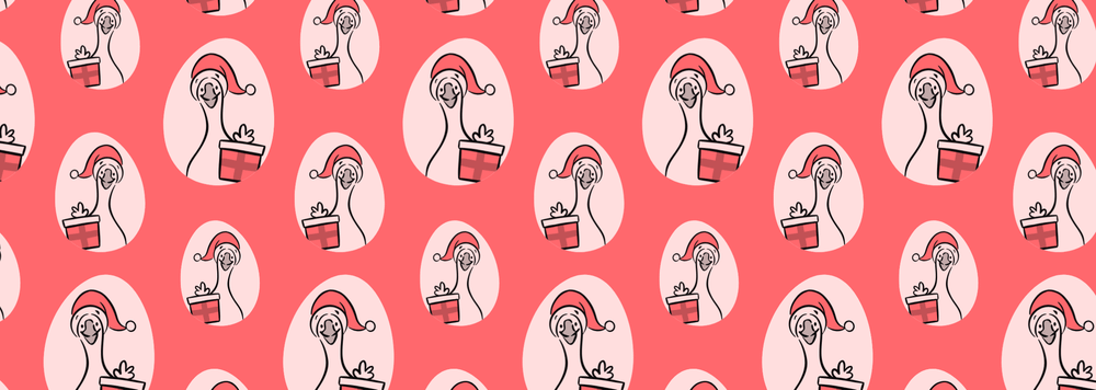 illustration of many geese wearing santa hats and holding presents