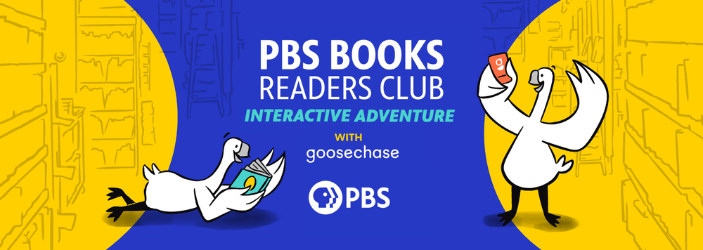 2 geese, i reading a book and one on a mobile phone, with the PBS Book Readers Club and Goosechase logos