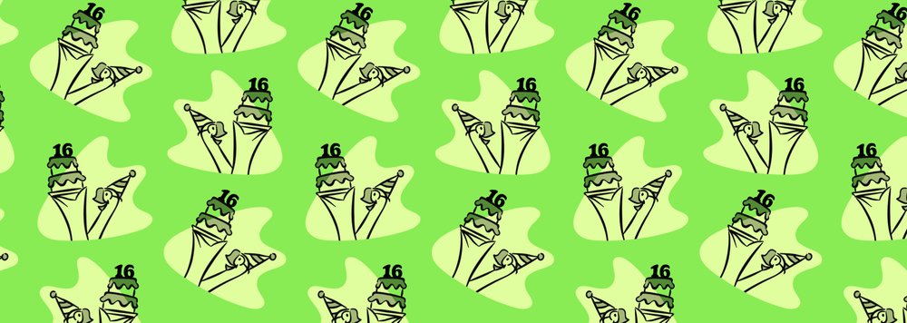 illustration of a geese and a birthday cake with a 16 on top