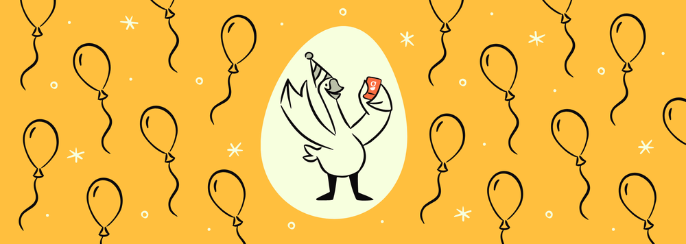 illustration of a goose holding a mobile phone and wearing a birthday hat, with lots of birthday balloons