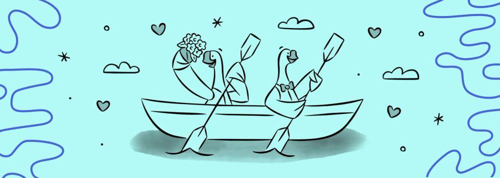illustration of 2 geese in a canoe on their wedding day