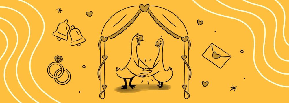an illustration of a 2 geese getting married