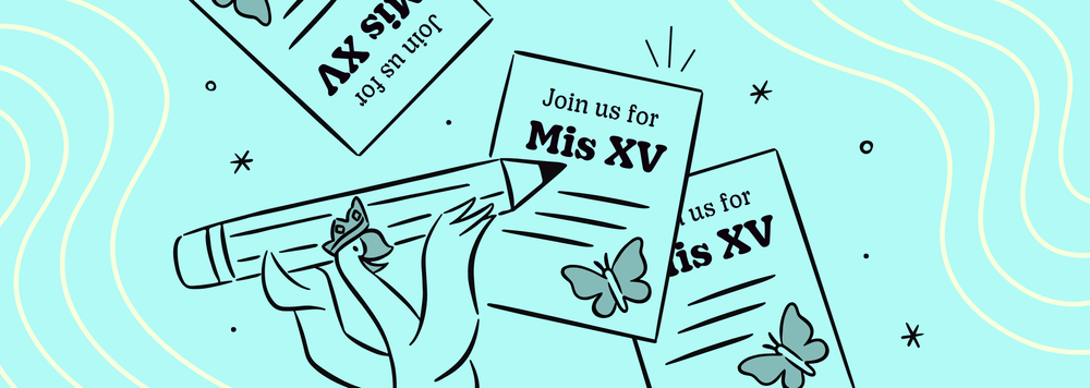 an illustration of a deb writing her quinceanera invitations