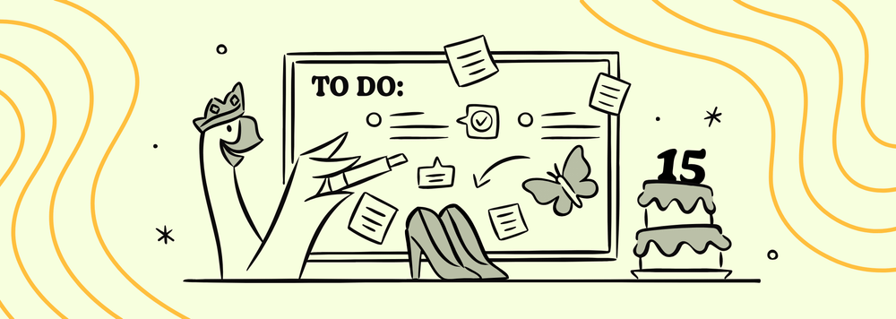 an illustration of a goose planning her quinceanera