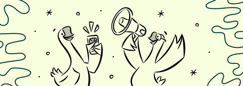 Illustrated nonprofit engagement scene: two cartoon geese using a smartphone and megaphone to connect with their community.