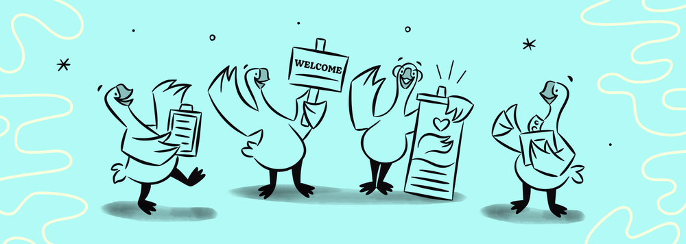 Illustrated nonprofit volunteer orientation scene: four cartoon geese holding welcome signs and clipboards, ready to onboard new team members.