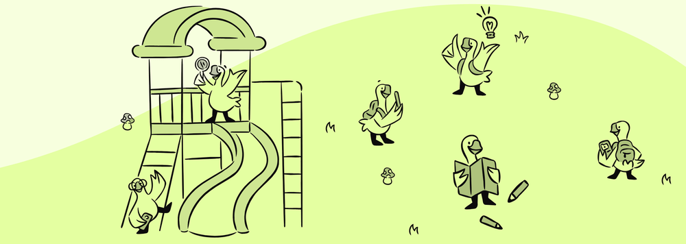 Illustrated geese exploring a playground with magnifying glasses, books, and lightbulbs, the cover of the K-12 educators guide.