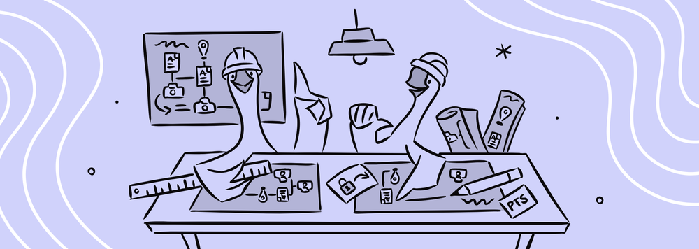 Two cartoon geese in hard hats at a drafting table