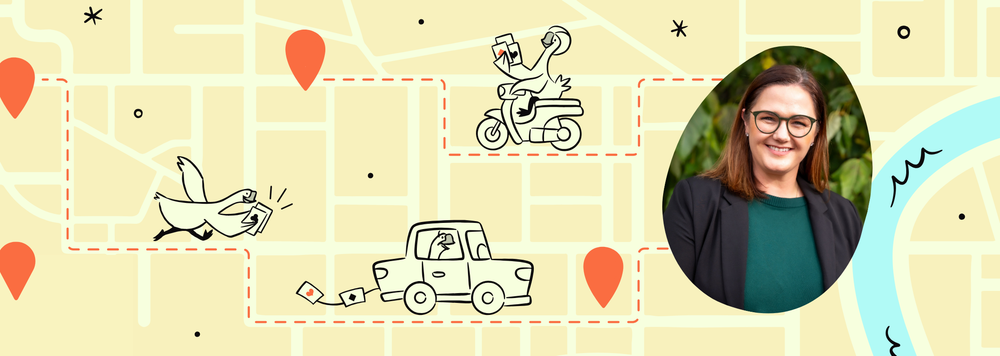 Header graphic for a Goosechase case study on Ada County Highway District's Walk Bike & Ride program, featuring illustrated geese commuting by scooter, foot, and car across a map