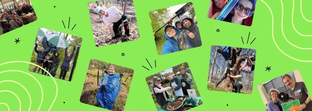 Collage of Rivertowns Earth Month scavenger hunt participants planting trees, pruning, climbing a tree, and volunteering in the rain.