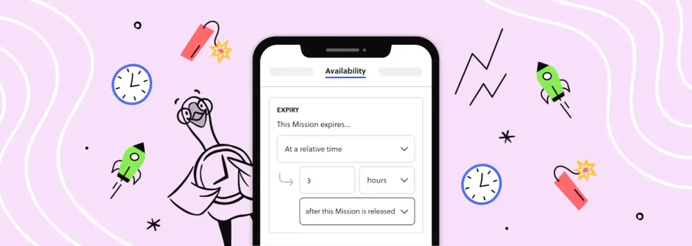 Illustrated goose holding a clock beside a phone showing the Availability tab in Goosechase, with a Mission set to expire 3 hours after the Mission is released.