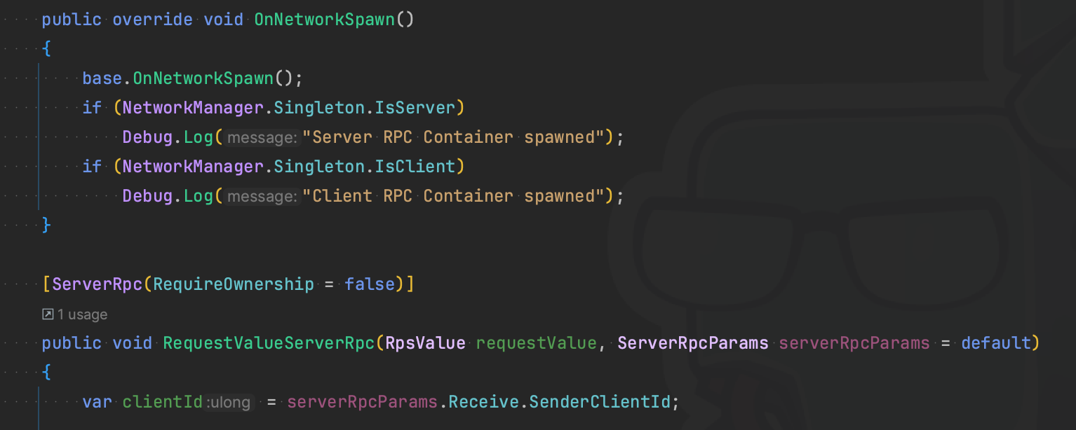 Screenshot of a ServerRpc (Remote Procedure Call) using Unity NetCore for GameObjects
