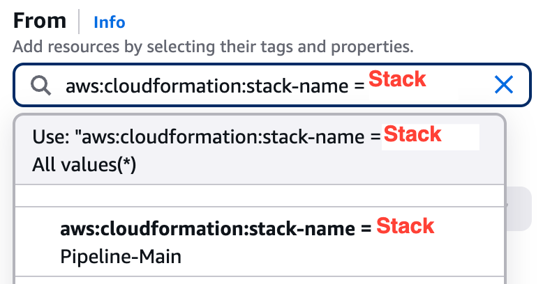 From field with aws:cloudformation:stack-name =Stack as entry