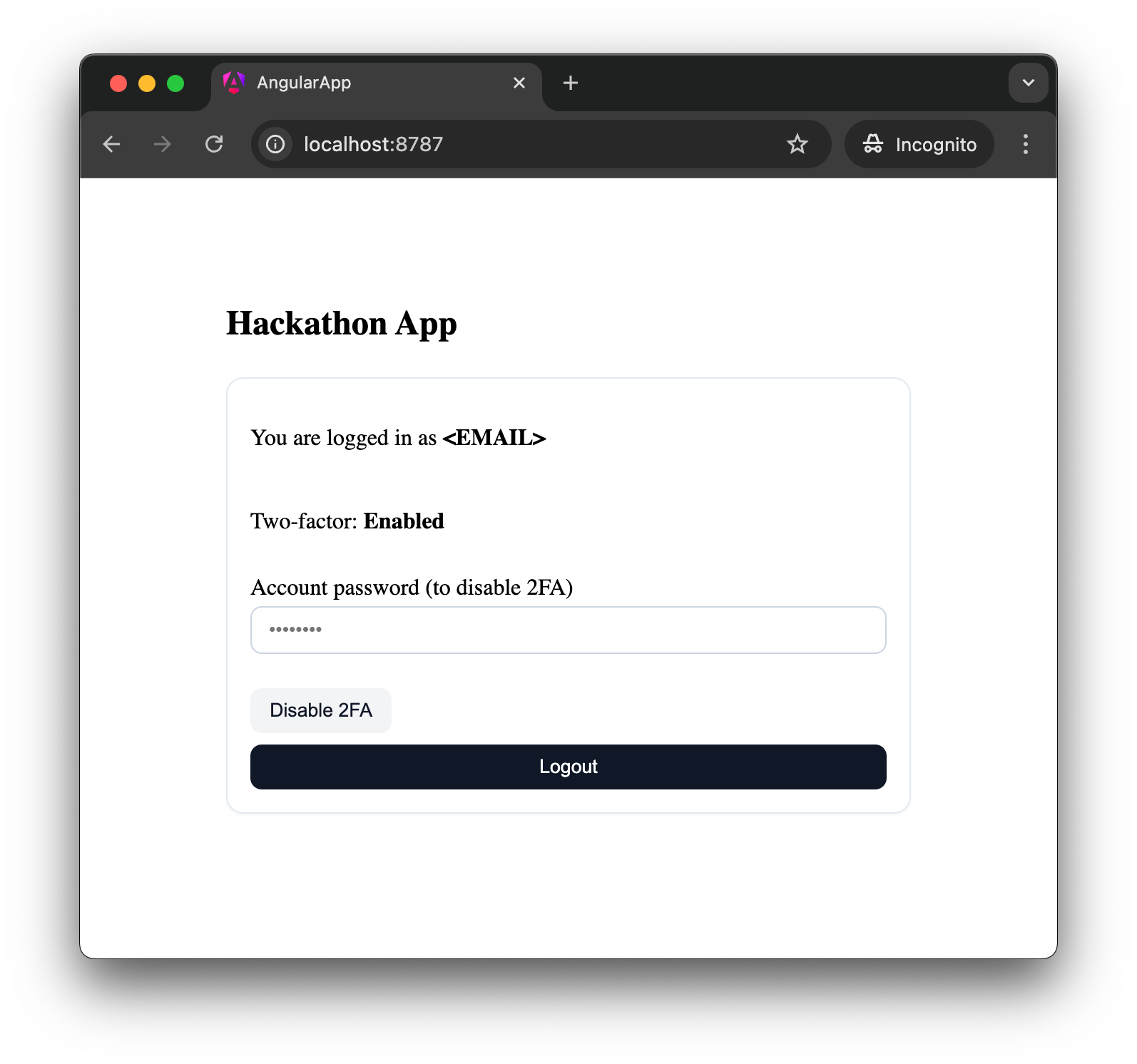 The minimal Angular application consisted only of the forms required for authentication including TOTP. 