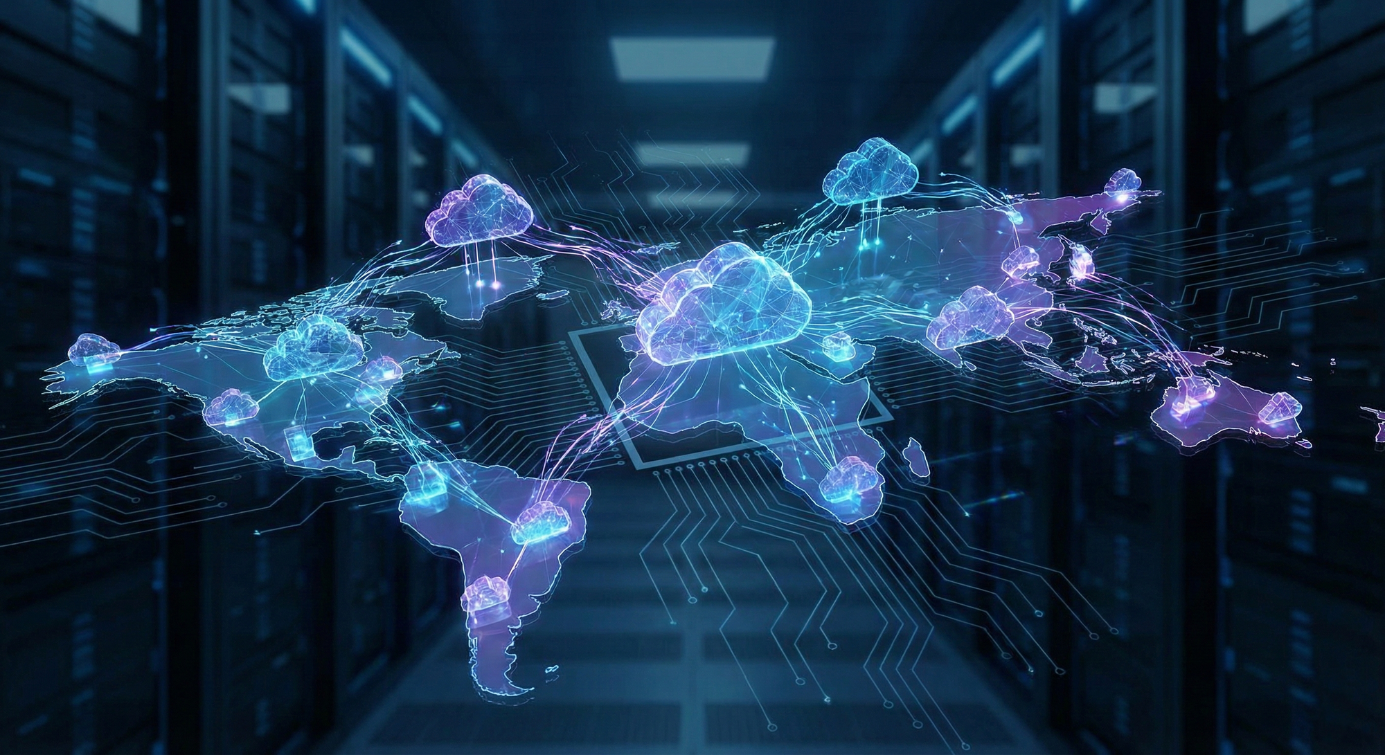 Holographic world map in a data center, showing glowing digital clouds connected by light streams across continents.