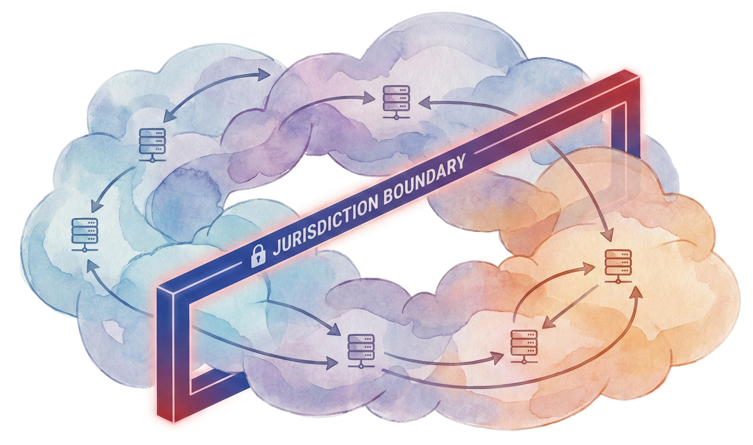 Depiction of two sections of a cloud, split by a border labeled "jurisdiction boundary"
