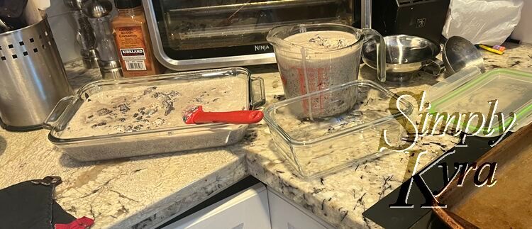 We started filling in the glass casserole dish then and jug (for upper layer) then realized we had too much. 