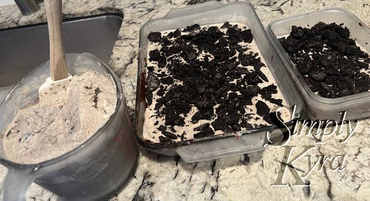 I started thawing the jug of ice cream at the same time as I added and refroze the middle cookie layer. 