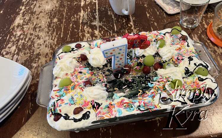 Another view of the now candle decorated cake about to be cut and served.