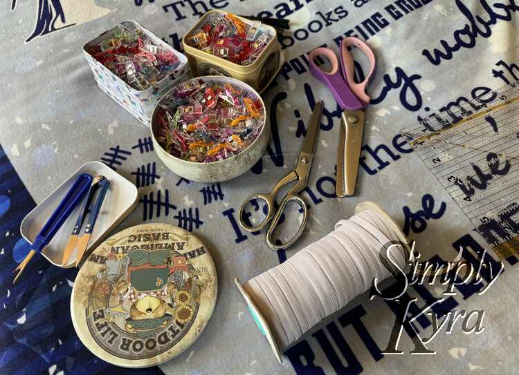 Image shows the tools I use once the fabric is cut and ready. All mentioned above except for the quilting ruler used to measure the elastic. 