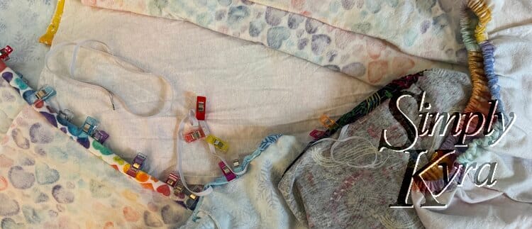 Image shows the state of multiline necklines from clipped channel on left to fully finished and cinched on right. 