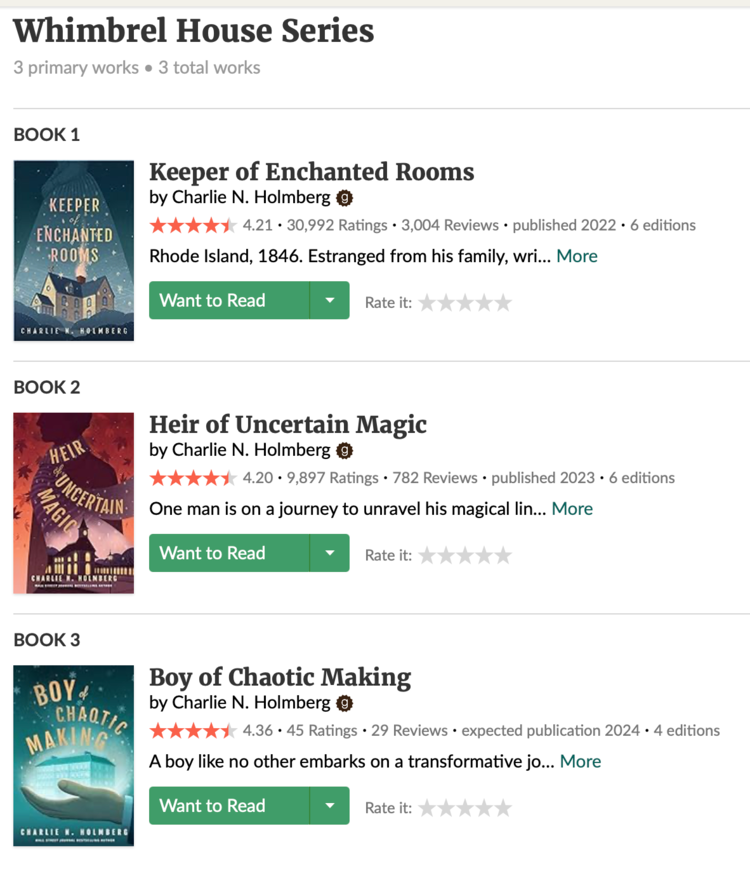 A Screenshot showing the three books in the Whimbrel House book series.