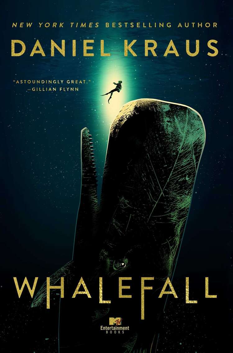 The cover features the title "Whalefall" and the author Daniel Kraus. The backgound is dark with the front of the whale facing the top and stretching down past the bottom. A light shines from above highlighting a lone minuscule diver.