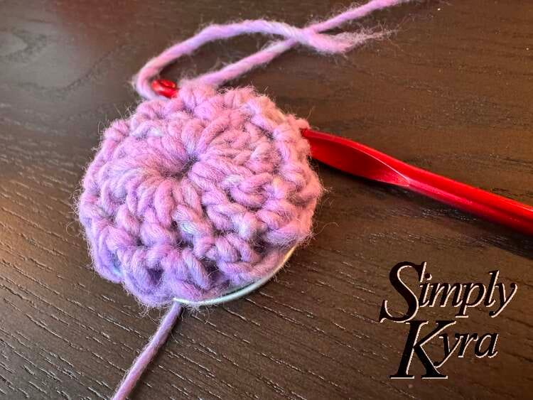 Image shows the current hat iteration fitted on the lid with the crochet hook behind it.