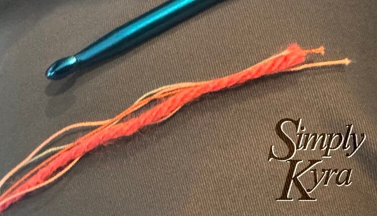 Image shows all five strands together next to a blue crochet hook... Zoey wanted to keep the red one.