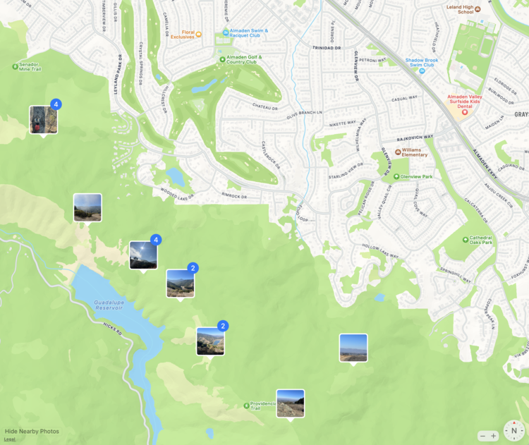 Image shows seven sets of photos against a map along the Guadeloupe Reservoir and beyond.