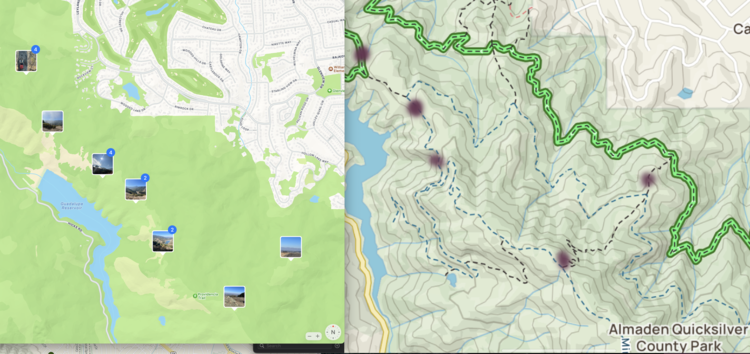 Collage of two photos with the photos in the photo app on the left and my marked with purple AllTrails map on the right.