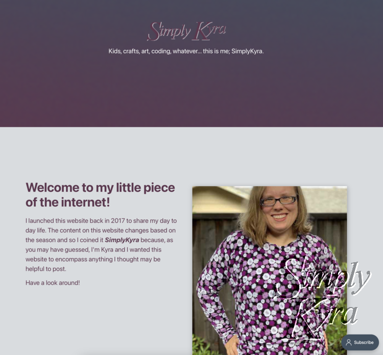 Image shows the top of my homepage with my welcome and image.