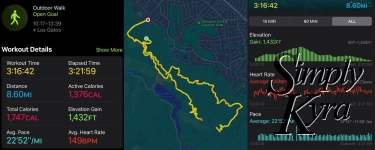 Collage of three images showing the walk workout details (left), map (center), and graph of the elevation (1,432 ft) gain. 